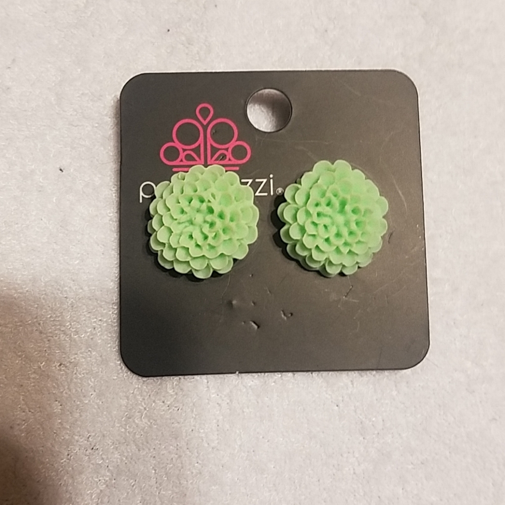 Green plastic dahlia earrings